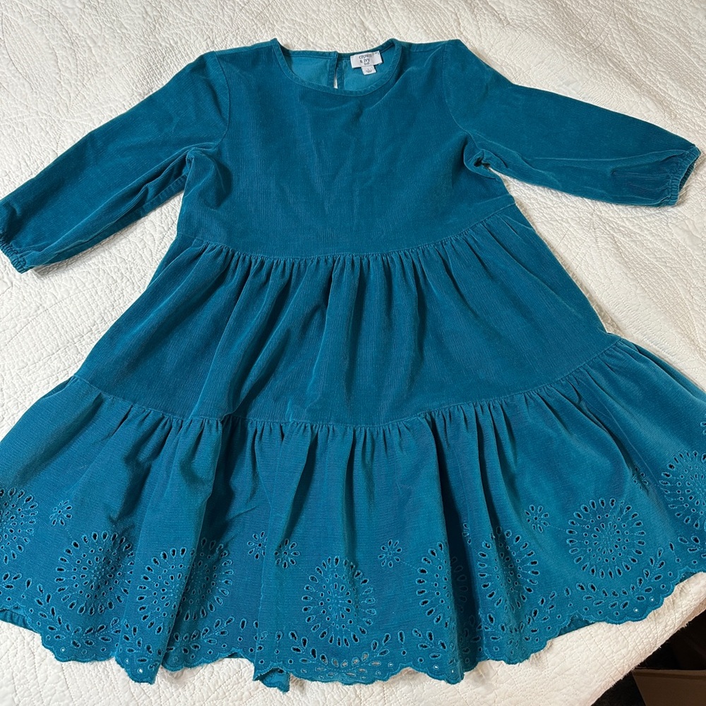 Teal Girls Corduroy Dress with Eyelet Hem